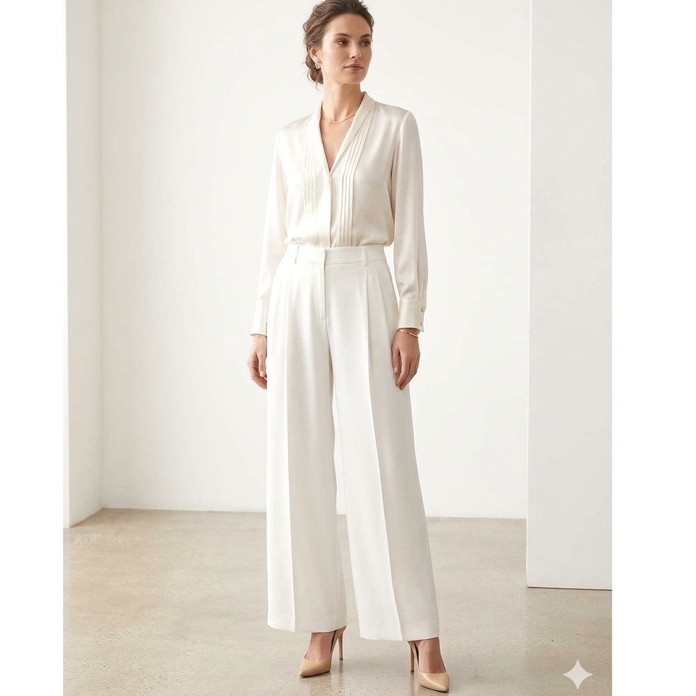 Lafayette 148 High Waisted Wide Leg Pleated Trousers Pants Ivory Size 6